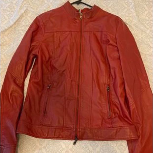 Large Leather Jacket From Venice Italy Casual Red Leather Jacket With Zipper, Casual Red Leather Jacket With Zipper Closure, Fall Red Leather Jacket With Zipper Closure, Red Fall Biker Jacket With Pockets, Red Leather Jacket With Zipper For Work, Red Leather Jacket With Zipper For Spring, Casual Red Leather Jacket For Work, Casual Red Biker Jacket For Work, Barbour Quilted Jacket