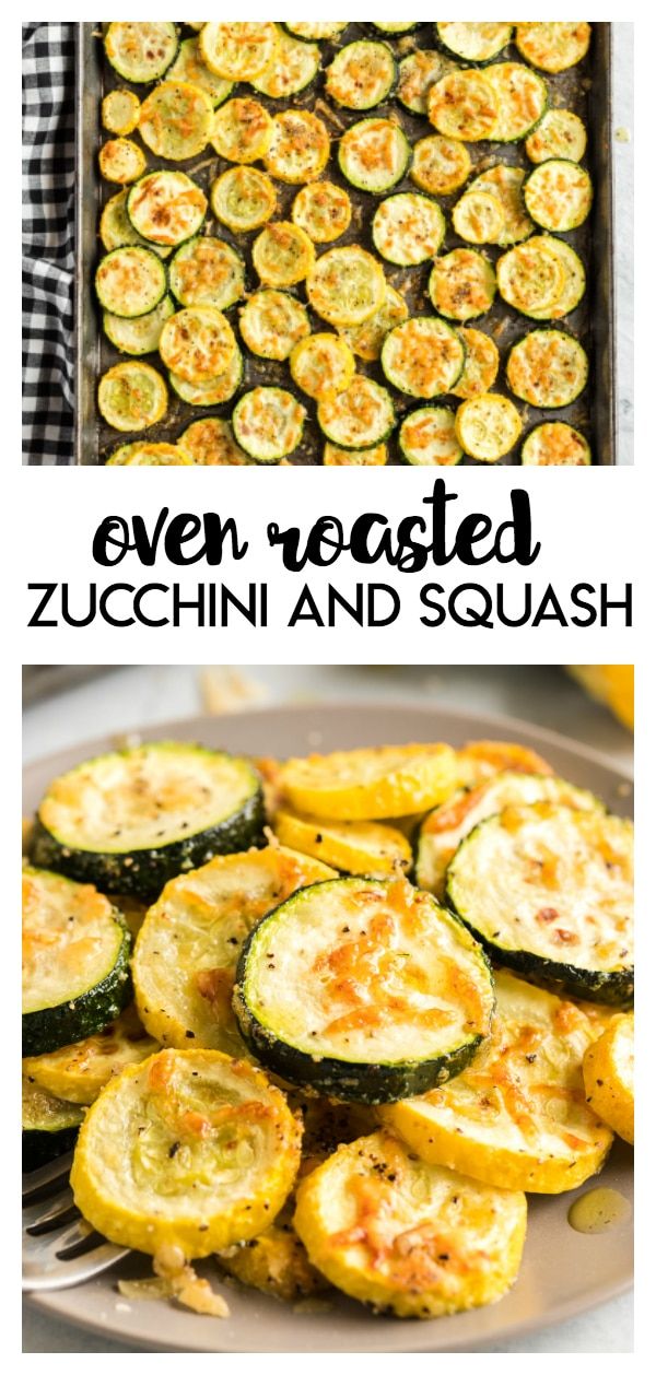 zucchini and squash on a plate with the title overlay that reads oven roasted zucchini and squash