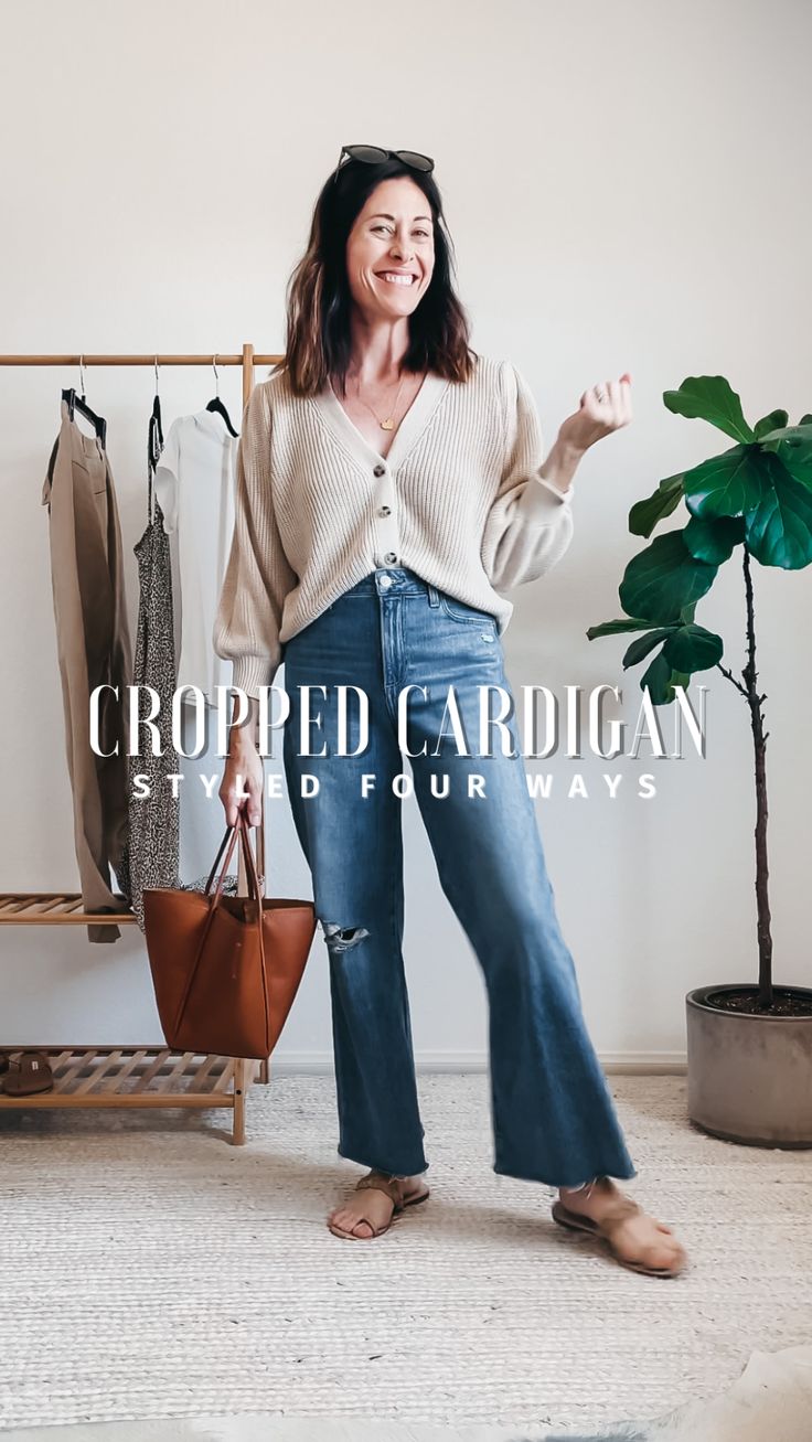 Button Up Cropped Cardigan, How To Wear Brown Cardigan, Cropped Button Cardigan Outfit, Cardigans With Skirts Outfit, Cropped Cardigan Outfit Work, Cardigan And Flare Jeans Outfit, Tan Cropped Cardigan Outfit, Carmel Cardigan Outfits, Cropped V Neck Cardigan Outfit