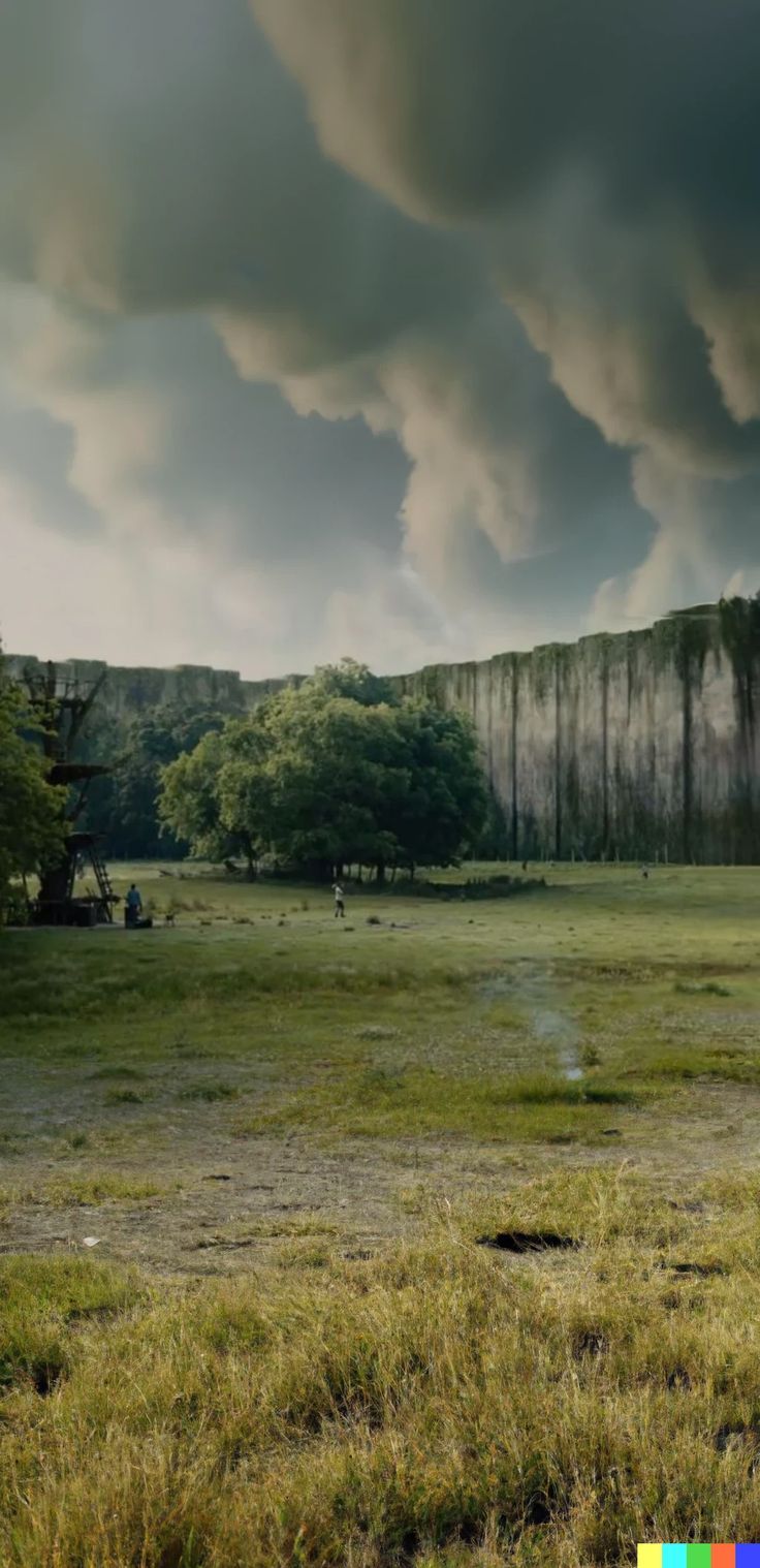 a field with trees and clouds in the background