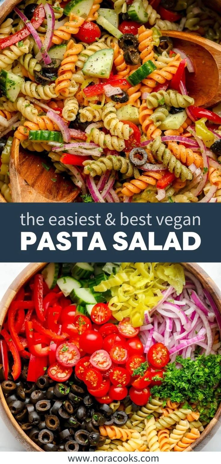 pasta salad in a wooden bowl with the words, the fastest and best vegan pasta salad