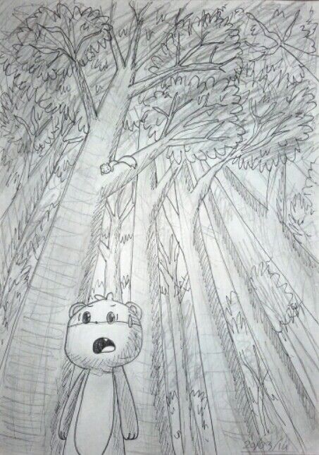 a drawing of a bear standing in front of a tree