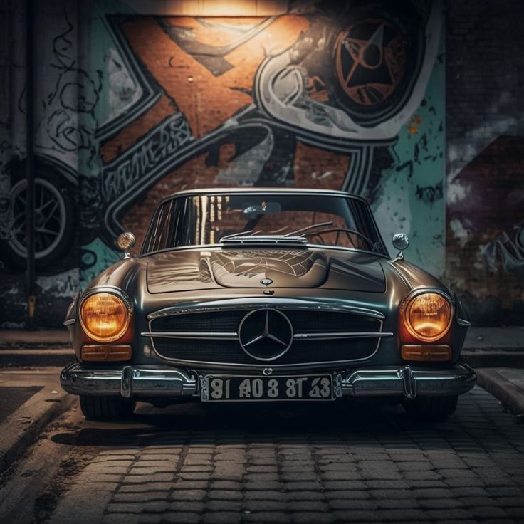 an old mercedes sits parked in front of a wall with graffiti on it's walls