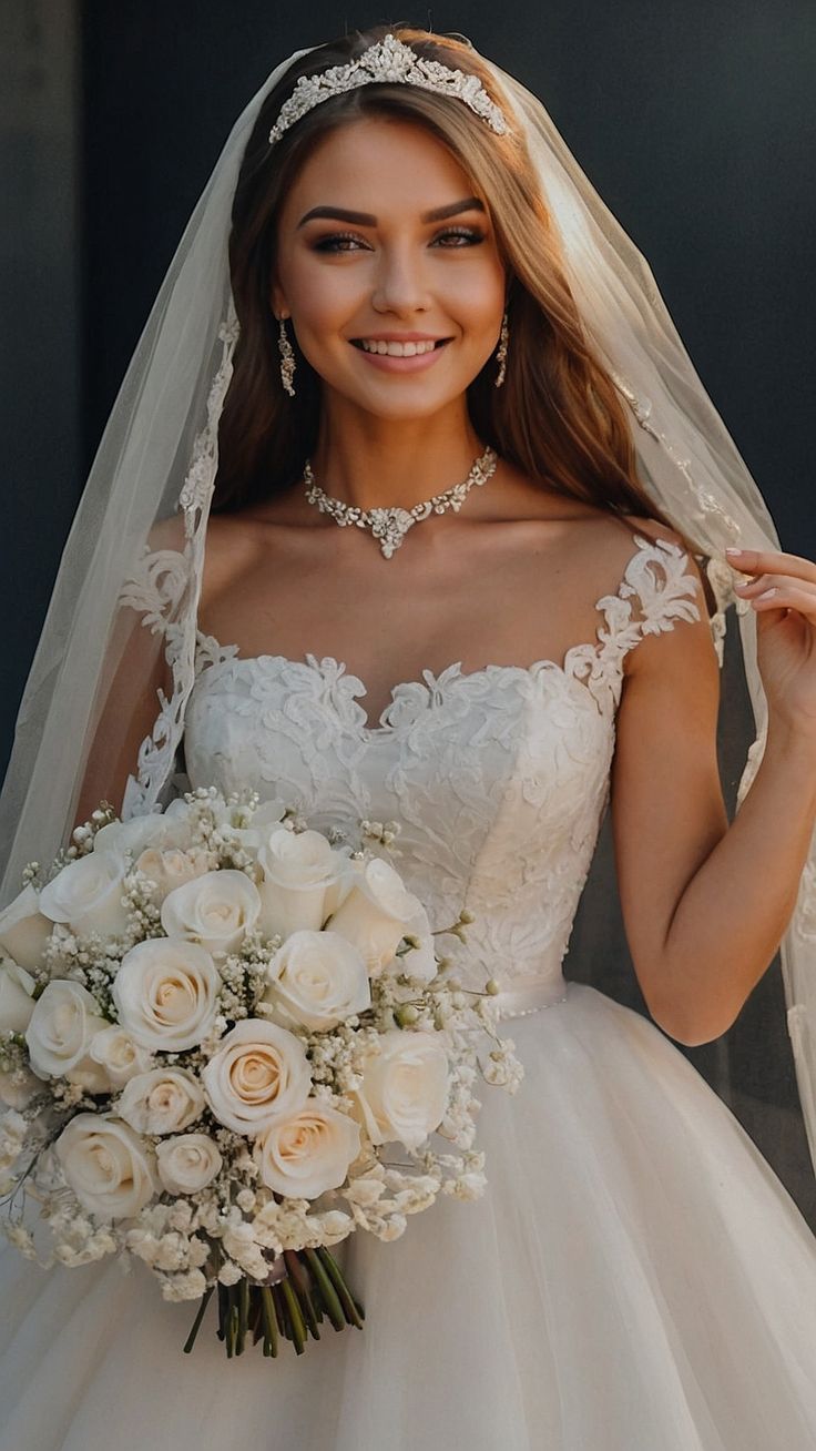 a woman in a wedding dress holding a bouquet of white flowers and wearing a tiara