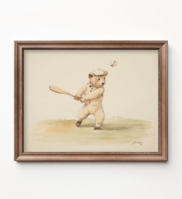 a painting of a bear holding a baseball bat in it's right hand and hitting the ball