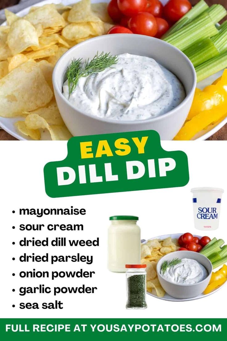 an advertisement for potato chips and dips with the words easy dill dip on it