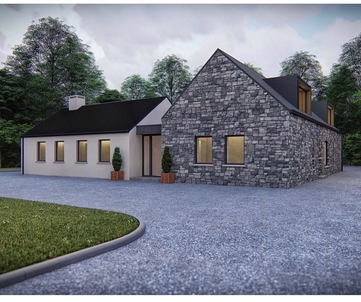 an artist's rendering of a stone house in the middle of a gravel driveway