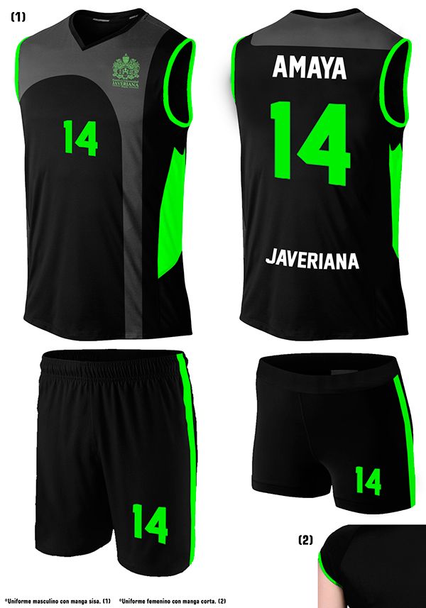 the front, back and side view of a soccer uniform with green accents on it