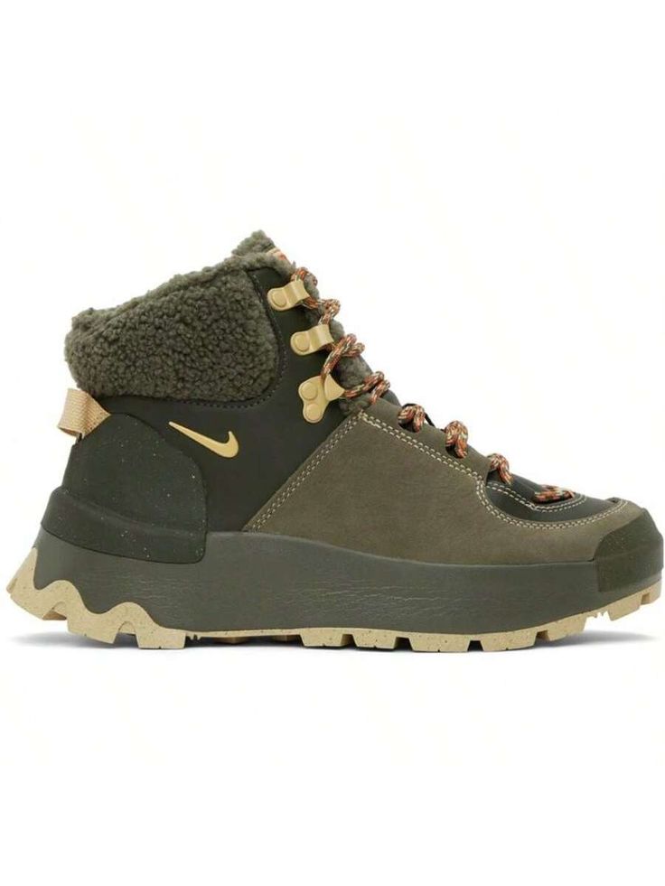 Nike 
Khaki Classic City Boots 
Ankle-high waterproof buffed leather and faux-leather boots in tones of khaki. 
. Rubber cap toe 
. Lace-up closure 
. Logo patch at padded tongue 
. Fleece trim at padded collar 
. Swoosh bonded at sides 
. Pull-loop at heel counter 
. Foam rubber midsole 
. Treaded rubber sole 
Please note that this item may be shipped only within North America. 
Supplier color: Cargo khaki/Sesame 
Upper: synthetic, leather. Sole: rubber. 
Made in Viet Nam. 
241011F127008 
Khaki City Boots, Boys Winter Boots, Women Snow Boots, Women Ankle Boots, Cargo Khaki, Mens Winter Boots, Faux Leather Boots, Boots Ankle, Outdoor Shoes