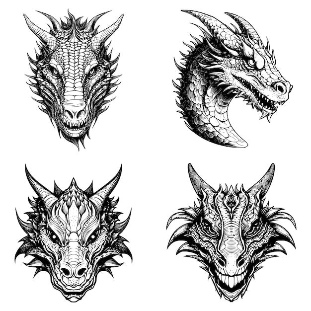 four different types of dragon head tattoos on the back of their heads, each with an intricate