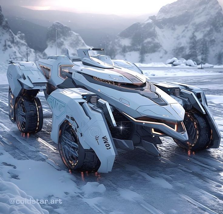 a futuristic vehicle is driving through the snow