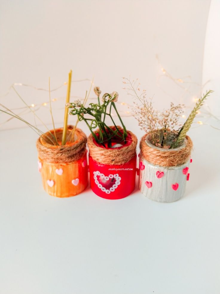 three jars with plants in them on a table