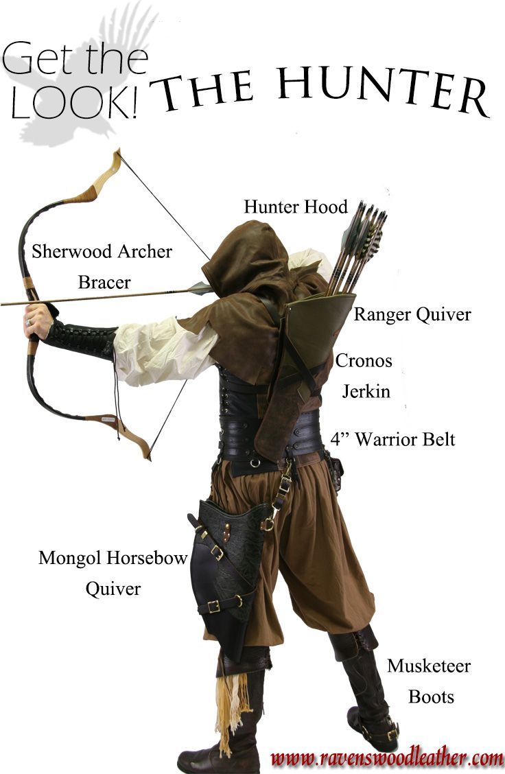 an image of a man in costume holding a bow and arrow with the words get the look