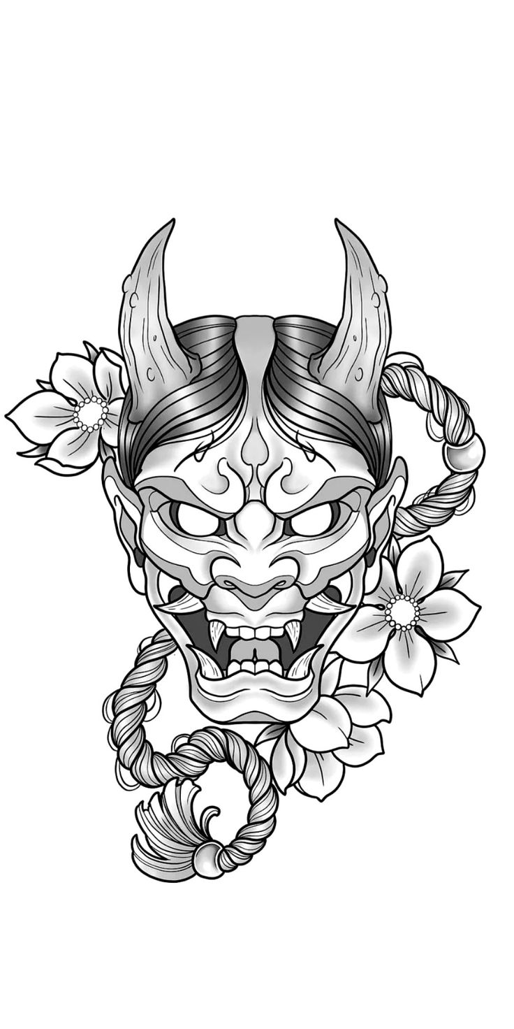 an image of a demon mask with flowers on it