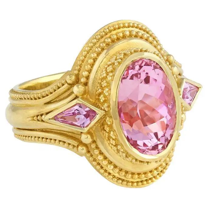 Kent Raible 18 Karat Gold Pink Sapphire and Tourmaline Ring with Granulation For Sale at 1stDibs Lingot D'or, Bespoke Rings, Tourmaline Ring, Peachy Pink, Peach Pink, Designer Jewelry, Pink Tourmaline, Pink Sapphire, Cocktail Rings