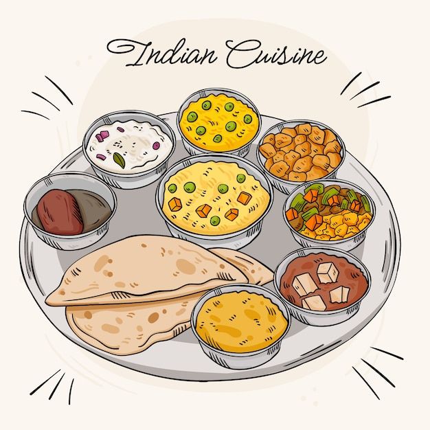 Indian Food Drawing Easy, Aesthetic Desi Food, Indian Food Design, Indian Food Stickers, South Indian Food Illustration, Indian Food Cartoon, Indian Food Doodle, Food Images Indian, Indian Food Drawing