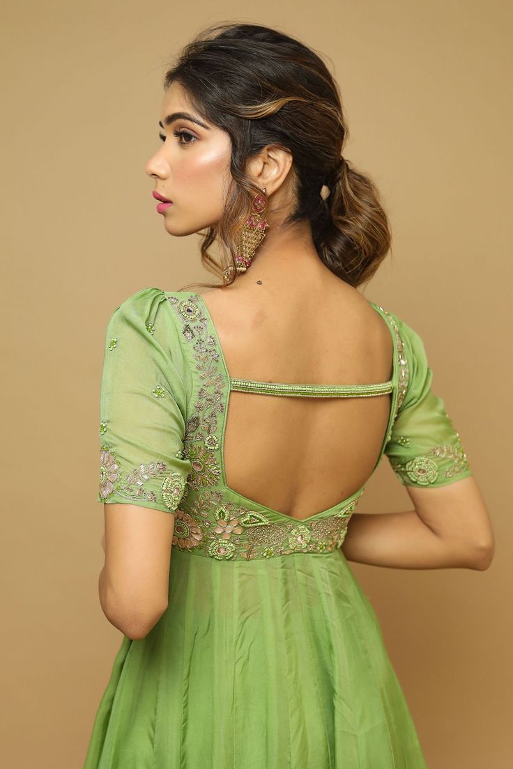 Anarkali Front And Back Neck Designs, Gota Embroidery, Simple Kurta, Stylish Kurtis Design, Long Gown Design, Lehenga Designs Simple, Latest Model Blouse Designs, Parrot Green, Embroidered Anarkali