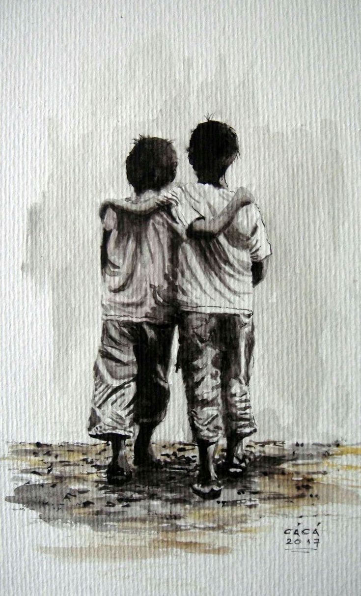 two boys hugging each other while standing in front of a white wall with watercolor paint on it