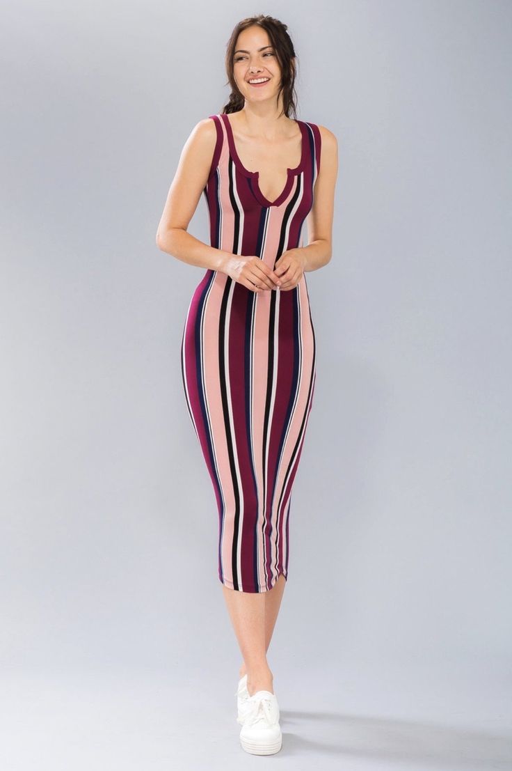 Multi color Striped Bodycon Dress - Stretch knit- Sleeveless- Split neckline front- 92% Polyester 8% Spandex- Imported* Model is 5`9.5" and is wearing a small. Summer Blush, Gold Crop Top, Crop Top Skirt Set, Striped Bodycon Dress, Dress Stretch, Crop Top Skirt, Sweetheart Dress, Stripe Dress, Bodycon Midi