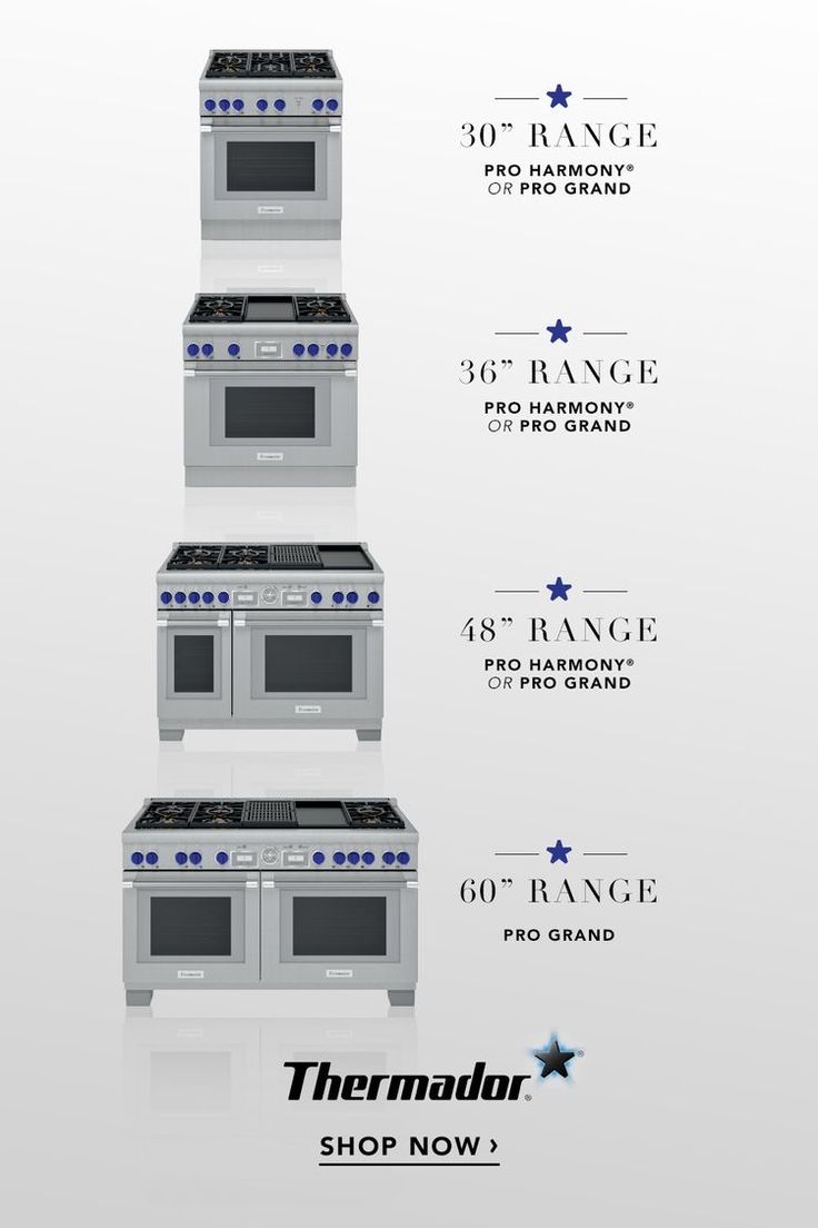 an advertisement for thermador stoves and ovens, with three different ranges