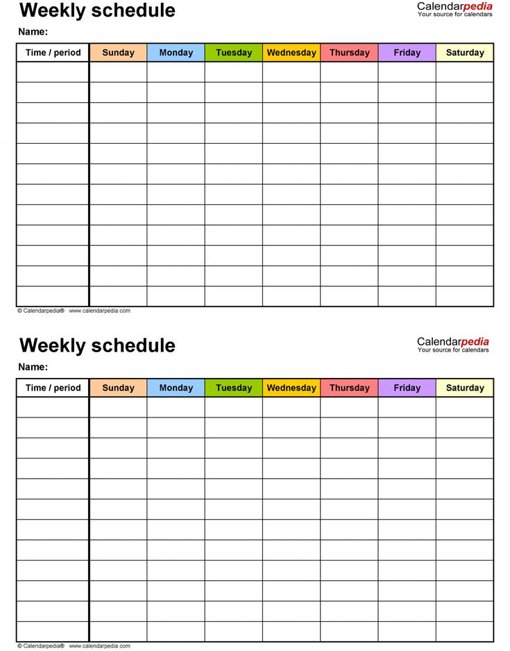 two printable weekly schedules for the week and month, each with different times