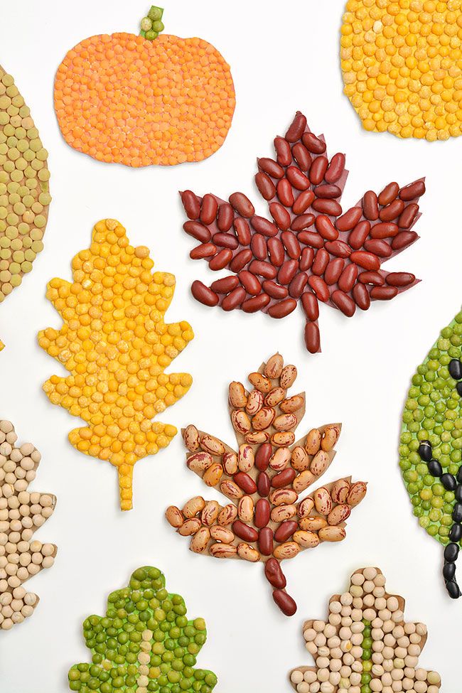 various foods are arranged in the shape of leaves and acorns on a white surface