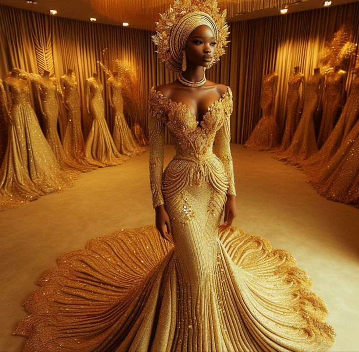 a woman in a gold gown standing in front of mannequins wearing headdress