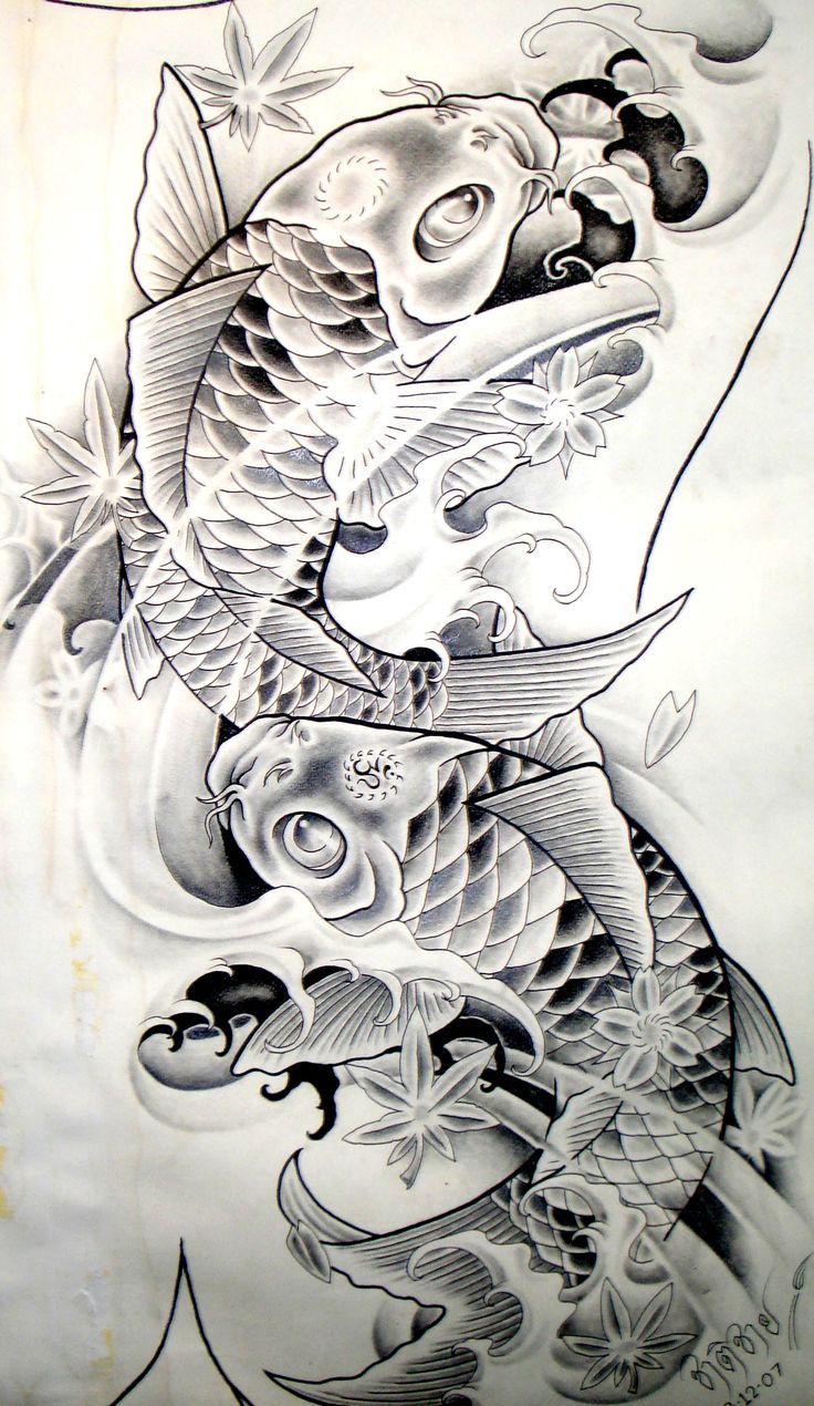 a drawing of two fish on the side of a white sheet with black and grey ink