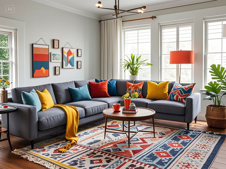 a living room filled with lots of furniture next to two windows and a rug on the floor