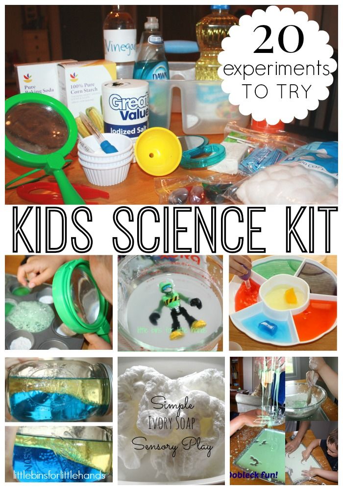 kids science kit with pictures and text overlaying the words 20 experiments to try