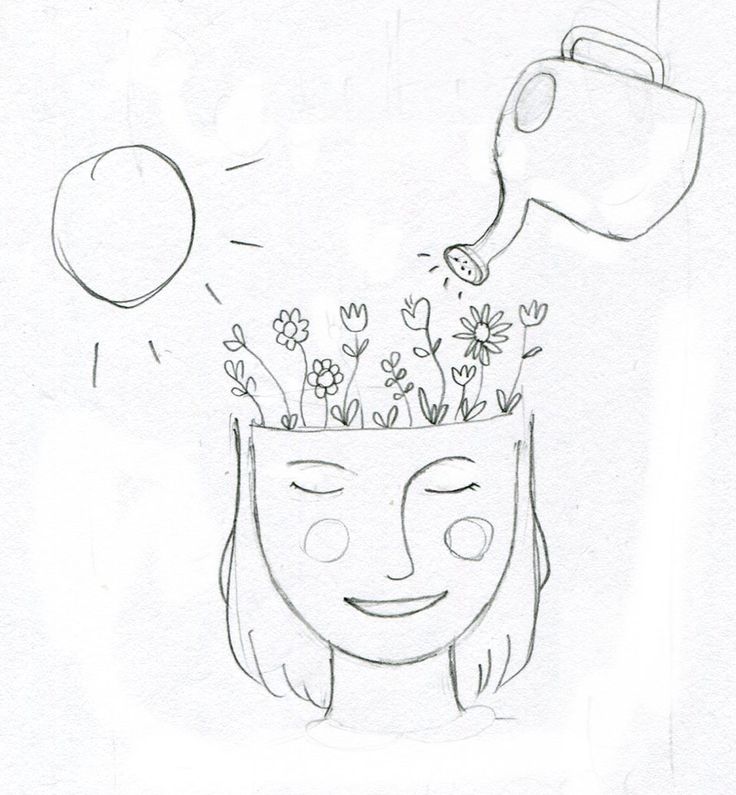 a drawing of a person's head with flowers growing out of it and a watering can