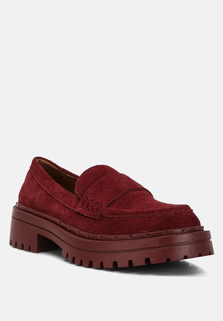 Honora Suede Chunky Loafers In Burgundy#color_burgundy Girls Western Wear, Chunky Loafers, Loafers Online, Top And Pants Set, Swimsuits High Waisted, Low Block Heels, Heels & Wedges, Suede Loafers, Leather Pieces