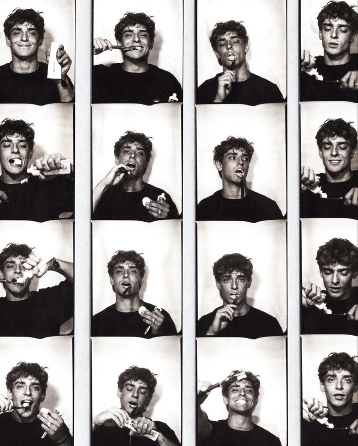 a series of black and white photos of young men brushing their teeth