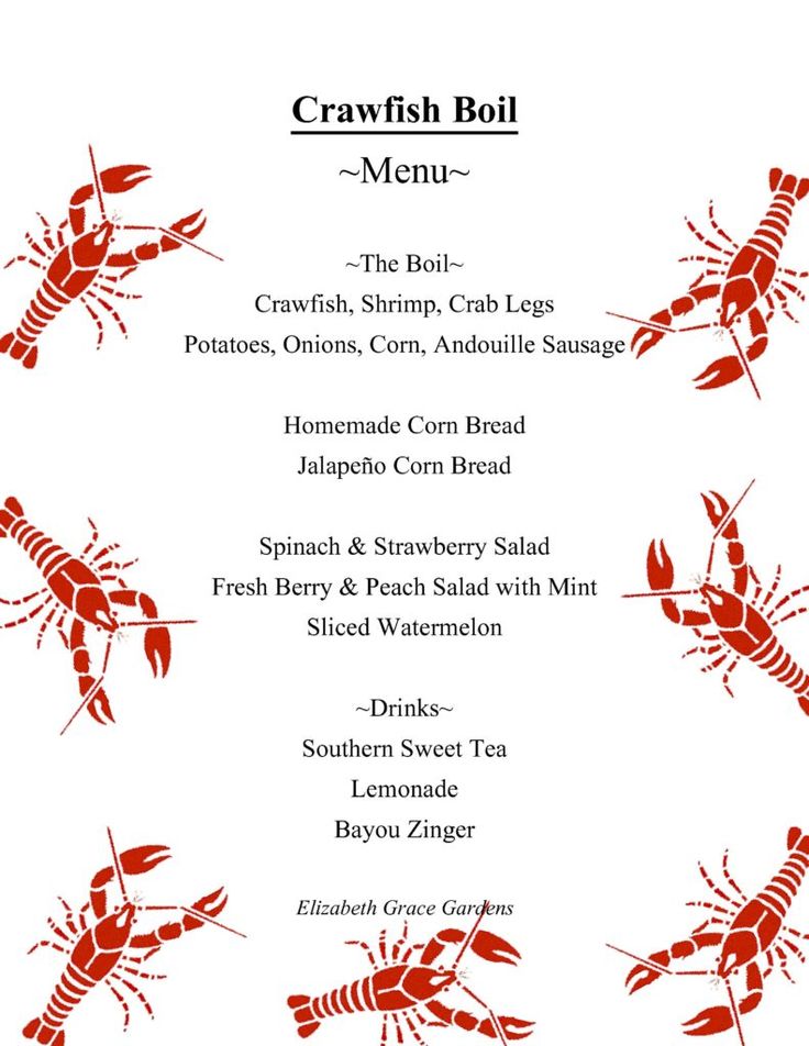 the menu for crawfish boil with lobsters, shrimp and scallops