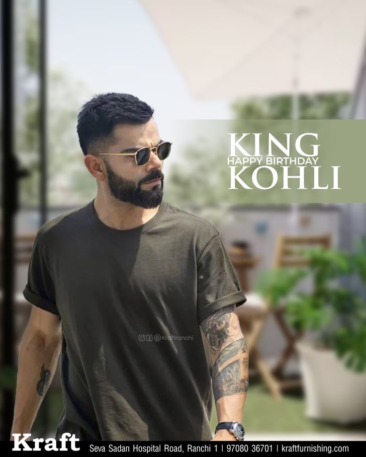 a man with sunglasses and a beard is walking in front of a white umbrella that says king happy birthday kohli