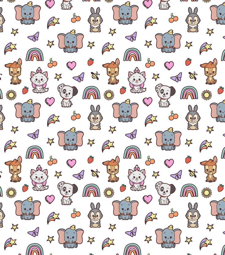 an animal themed wallpaper with hearts, stars and other animals on it's white background