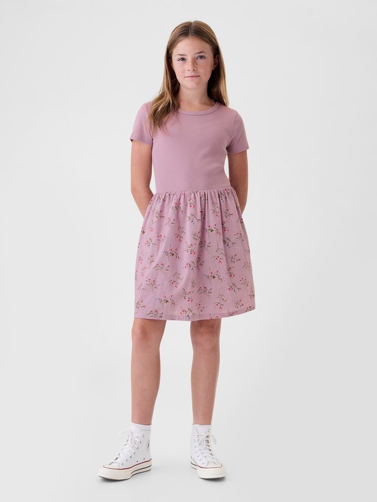 Soft cotton skater dress.  Crewneck.  Short sleeves.  Certain styles have allover prints at the skirt.  Fit and flare silhouette.  Hits at the knee. Kids School Clothes, Gender Equality, Church Dresses, Support People, Gap Kids, Skater Dress, Fit And Flare, Pink Dress, Pink Floral