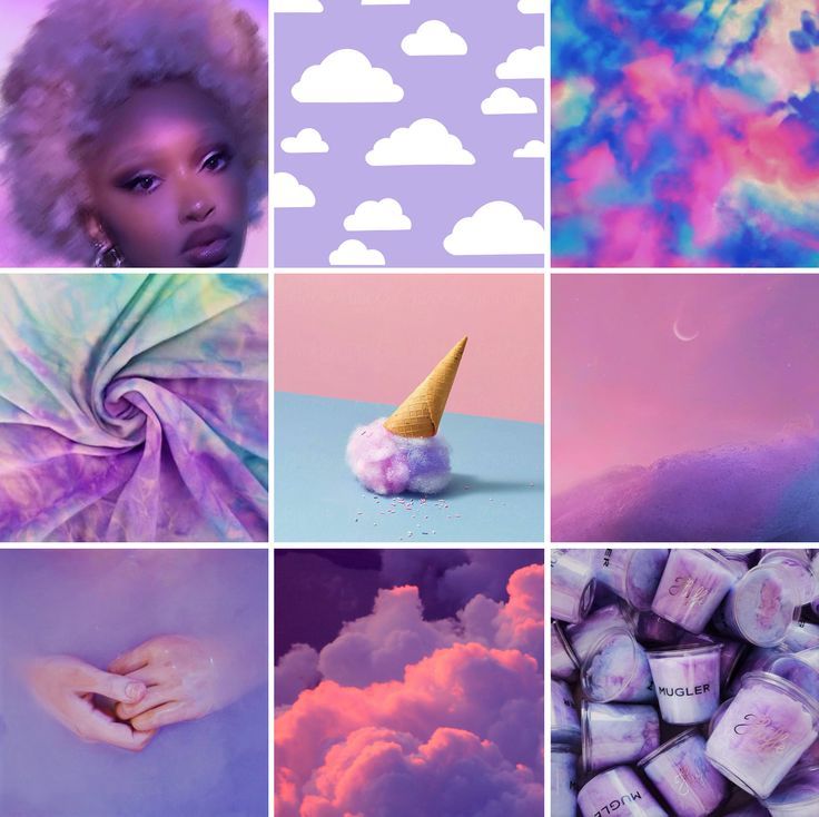 the collage is filled with different pictures and clouds, including an ice cream cone