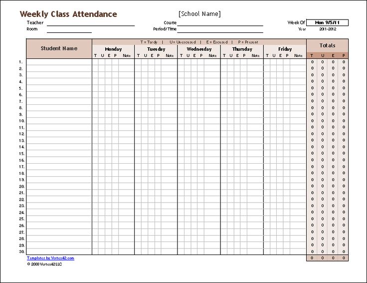 a printable weekly class attendance sheet