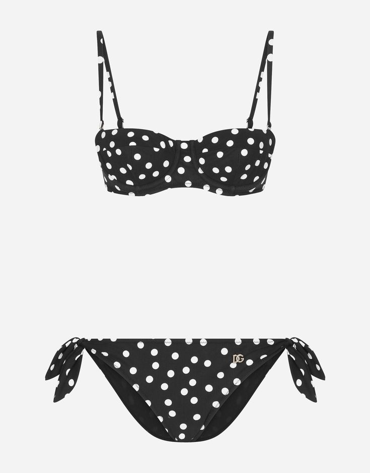 Polka-dot balconette bikini Bathing Suit Designs, Edgy Glam, Dg Logo, White Bikinis, Beach Swimwear, Black Swimwear, Print Placement, Black Polka Dot, Beach Wear