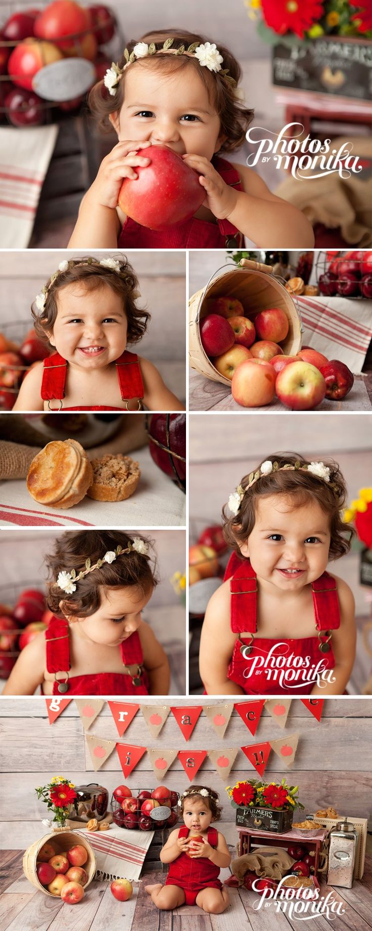 a collage of photos with apples and other fruits in the background, including an apple slice