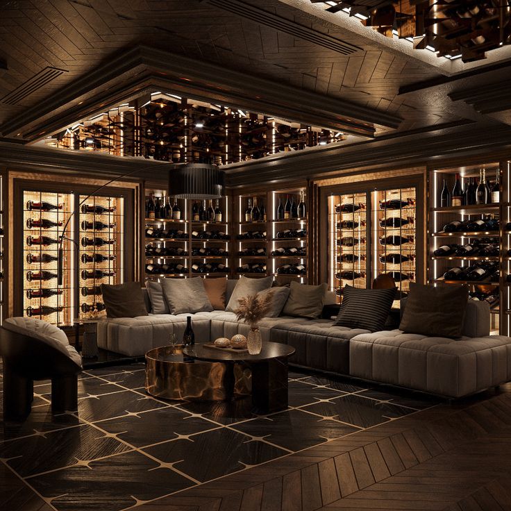 a living room filled with furniture and lots of wine bottles