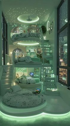 a bedroom with bunk beds and lights on the ceiling is lit up at night time