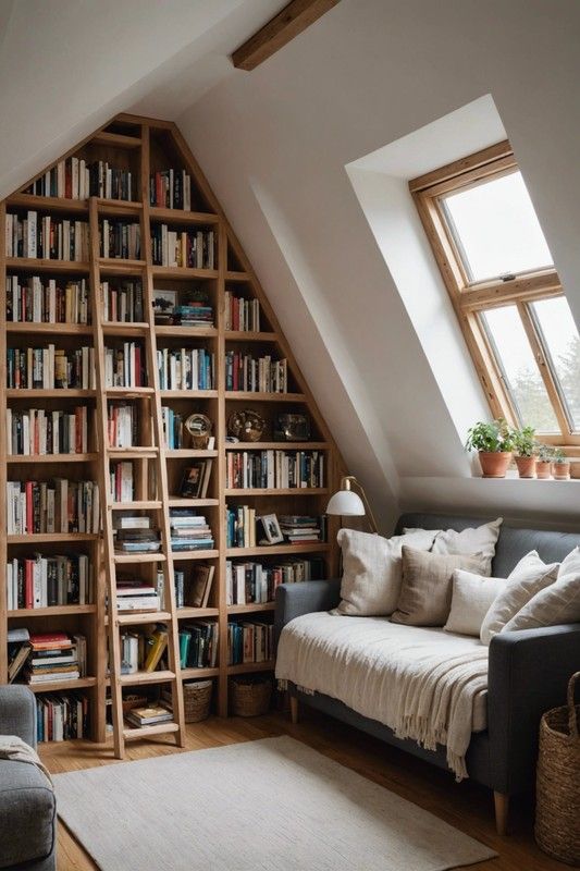 a living room filled with lots of books on top of a book shelf next to a couch