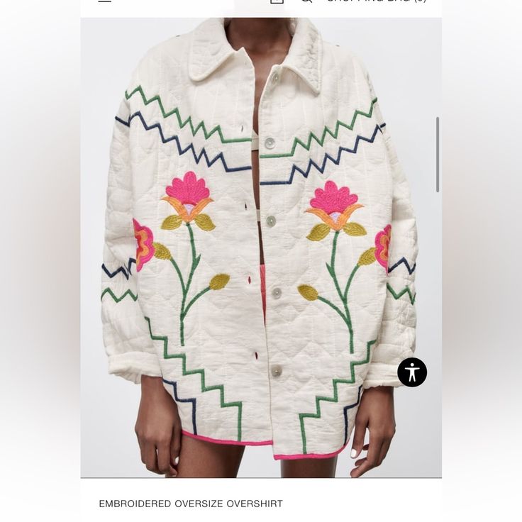 Zero Flaws - Worn Once. It’s A M/L, I’m More Of A S/M And This Has A Nice Oversized Fit. Spring Oversized Embroidered Outerwear, Oversized Embroidered Outerwear For Spring, White Cotton Shacket With Pockets, Oversized White Summer Outerwear, Oversized White Shacket For Spring, Casual White Oversized Shacket, White Cotton Summer Outerwear, White Collared Shacket With Pockets, Oversized White Long-sleeve Shacket