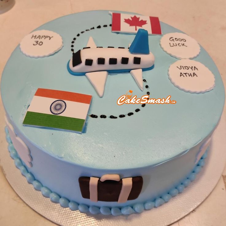 a cake decorated with the flag of india and an airplane on it's side