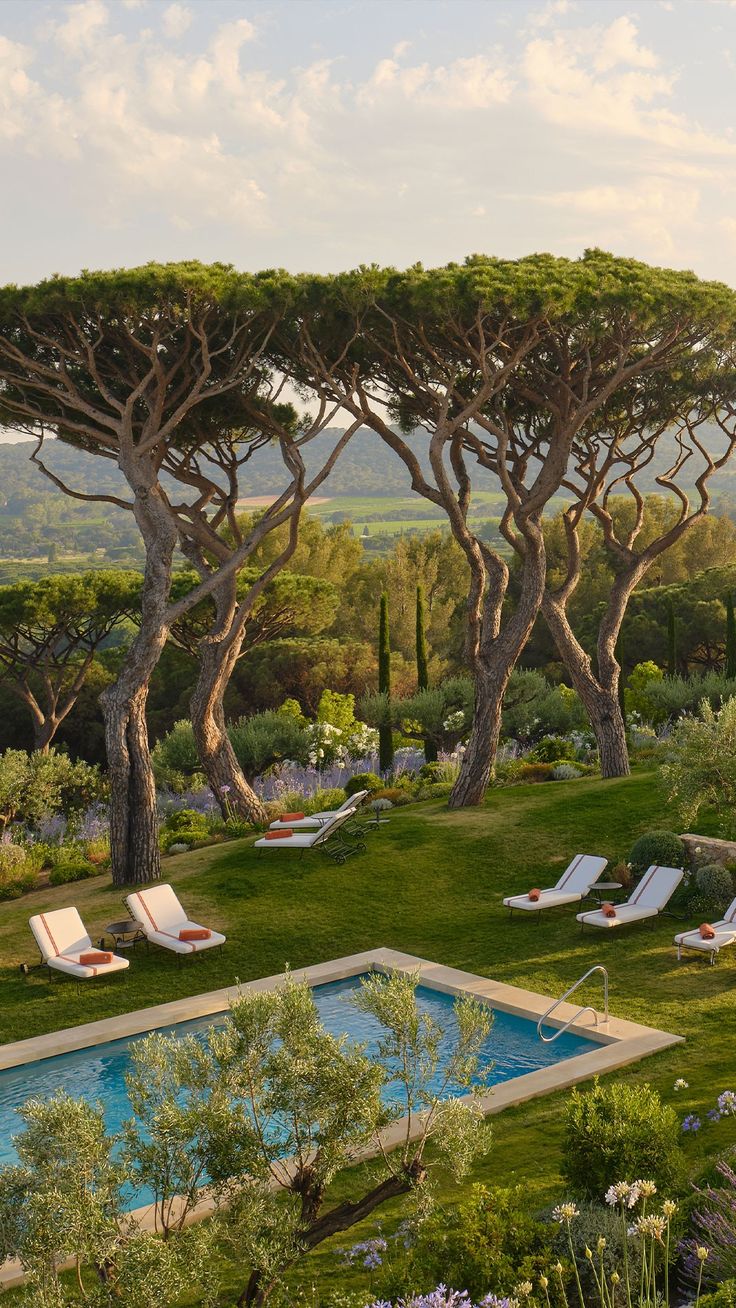 an outdoor pool surrounded by trees and lawn chairs