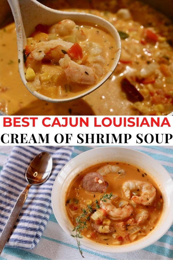 the best cajun louisiana cream of shrimp soup is in this collage and it's ready to be eaten