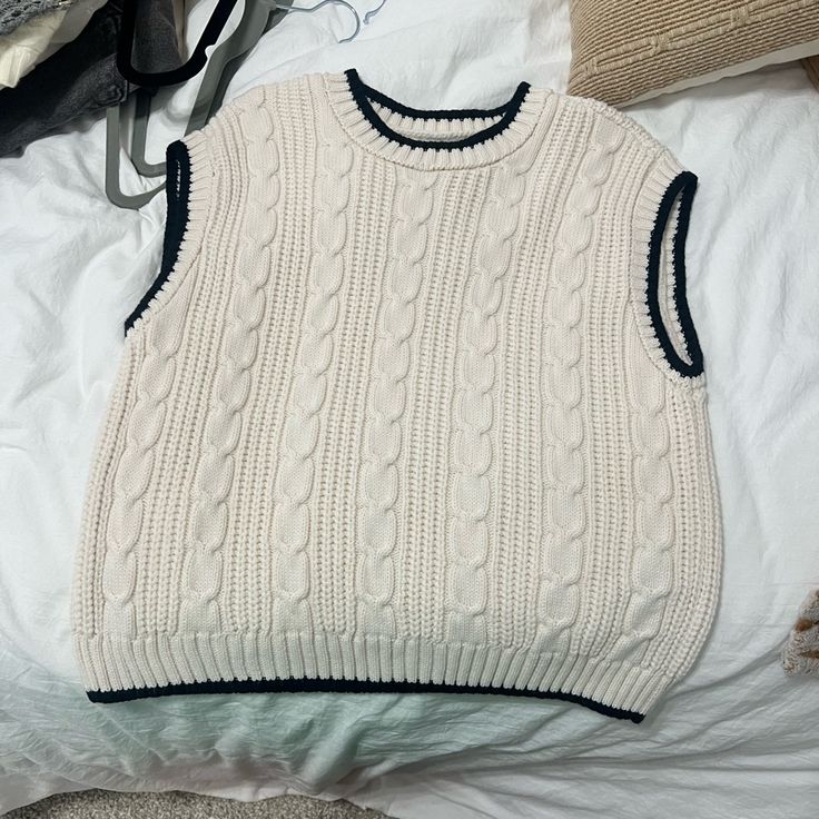 So Cute For Many Occasions! Trendy Beige Crew Neck Sweater Vest, Casual Knitted Cream Sweater Vest, Casual Cream Knitted Sweater Vest, Trendy White Knitted Sweater Vest, Casual Cream Cotton Sweater Vest, Trendy Beige Knitted Sweater Vest, Black Cream, Knitted Sweaters, Womens Tops