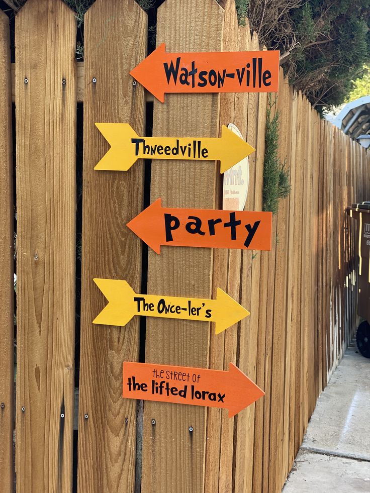 a wooden fence with signs pointing to different locations